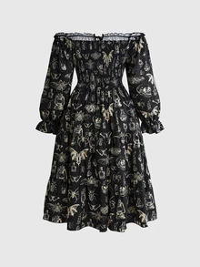 ROMWE Fairycore Plus Size Vintage Romantic Dark Moth Print Off-Shoulder Long Sleeve Women's Dress - Black - View 6