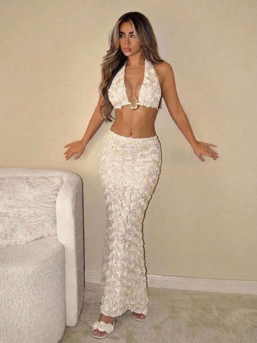 SHEIN ICON 女款優雅白色夏季海灘度假假日3D花卉極簡主義A字裙 - 米色 - 查看 1