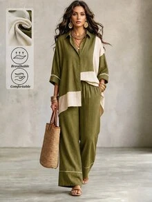Linhara CURVE Plus Size Women's Fall Green White Color-Block Two-Piece Set, Lapel Button-Down Loose Shirt With High-Waist Wide-Leg Pants, Daily Vacation Office Wear - Green - View 3