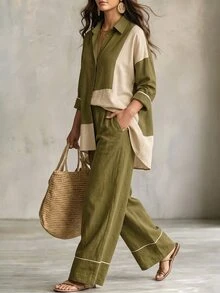 Linhara CURVE Plus Size Women's Fall Green White Color-Block Two-Piece Set, Lapel Button-Down Loose Shirt With High-Waist Wide-Leg Pants, Daily Vacation Office Wear - Green - View 7
