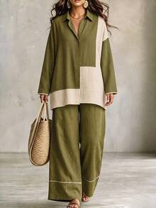 Linhara CURVE Plus Size Women's Fall Green White Color-Block Two-Piece Set, Lapel Button-Down Loose Shirt With High-Waist Wide-Leg Pants, Daily Vacation Office Wear - Green - View 5