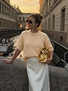 Pariaura Women's Solid Color Drop Shoulder Knitted Top For Vacation Or Leisure - Apricot - View 1