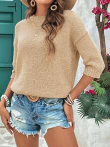 Pariaura Women's Solid Color Drop Shoulder Knitted Top For Vacation Or Leisure - Apricot - View 4