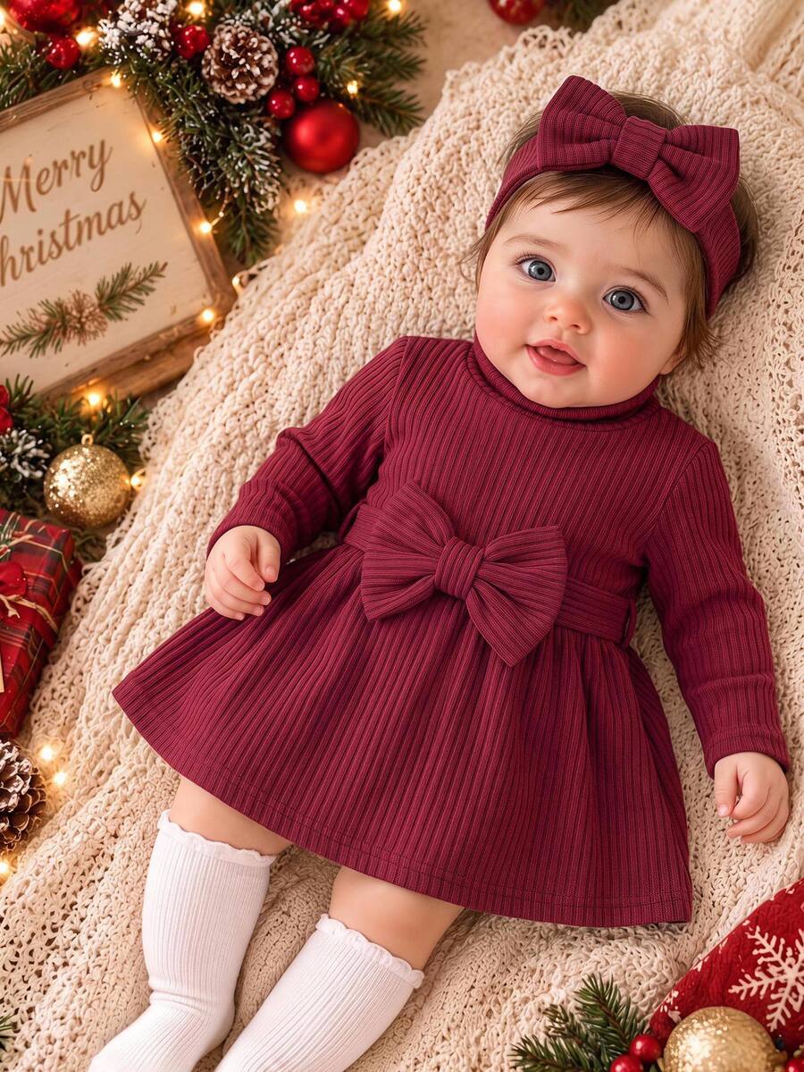 SHEIN Baby Girl High Neck Turn-Down Collar Waist-Cinched Pleated One-Piece Long Autumn Dress, Elastic Brushed Ribbed Fabric, Suitable For Winter - Burgundy - View 1