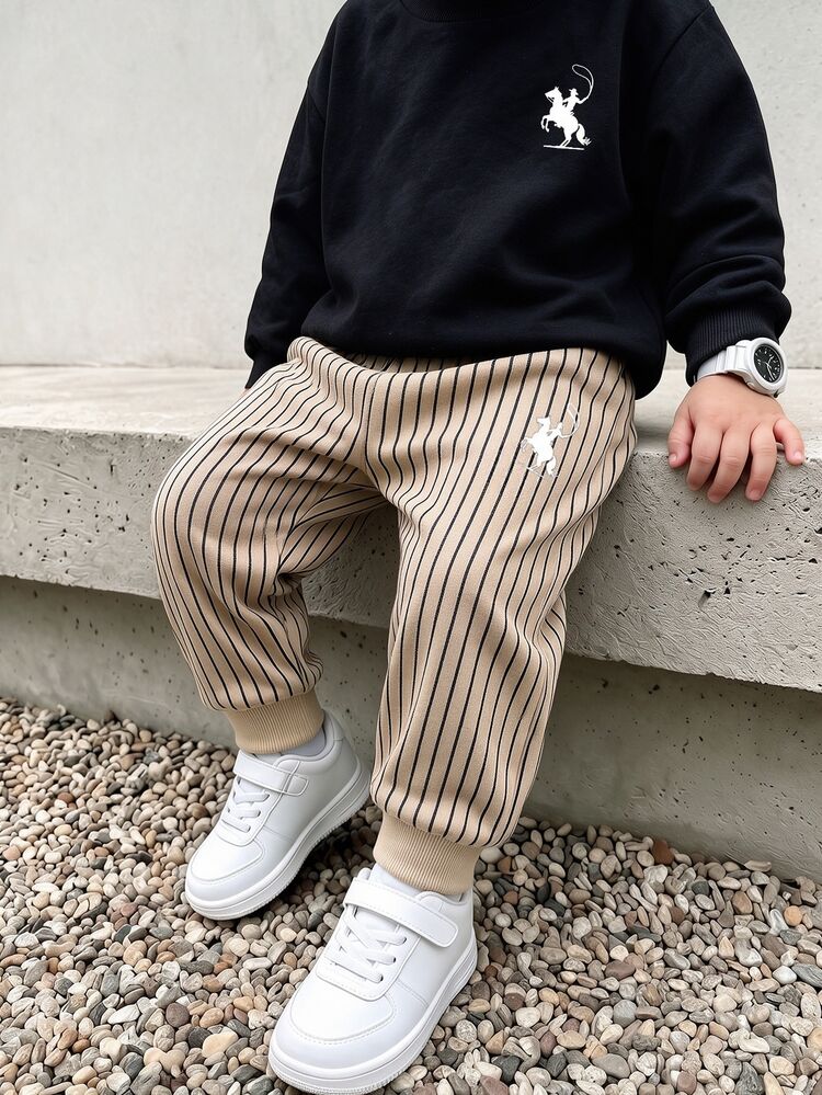 Young Boys Solid Black Crew Neck Long Sleeve Sweatshirt And Khaki Vertical Striped Jogger Pants Horse Print 2pcs Set Casual Fall Outfits Autumn Winter - Multicolor - View 1