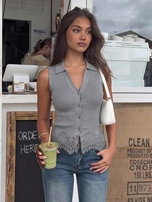 Siren Gaze Women's Lace Patchwork Casual French Elegant Daily Knit Top Office Brunch Grey Autumn - Grey - View 8