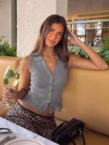 Siren Gaze Women's Lace Patchwork Casual French Elegant Daily Knit Top Office Brunch Grey Autumn - Grey - View 10
