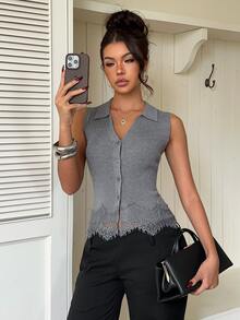 Siren Gaze Women's Lace Patchwork Casual French Elegant Daily Knit Top Office Brunch Grey Autumn - Grey - View 6