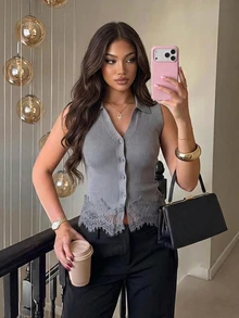 Siren Gaze Women's Lace Patchwork Casual French Elegant Daily Knit Top Office Brunch Grey Autumn - Grey - View 7