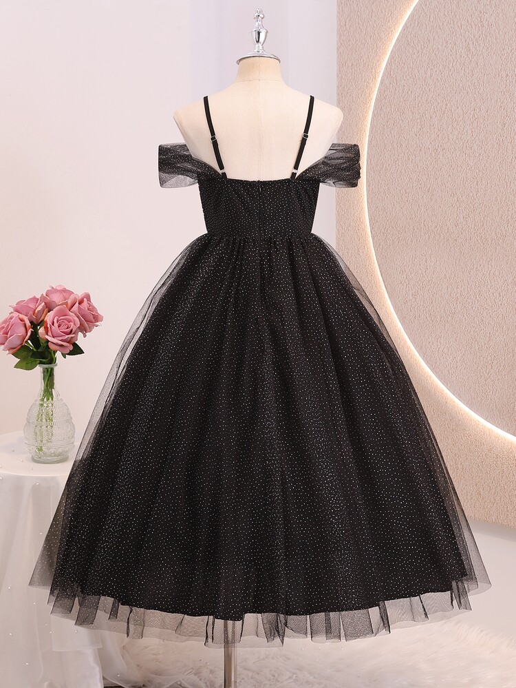 Girls' Blue Off-Shoulder Tulle Full Skirt Dress, Elegant Lightweight Soft Fabric Dress, Suitable For Vacation, Graduation Ceremony, Back To School Season, Wedding Season, Attending Various Balls And Formal Occasions - Black - View 8