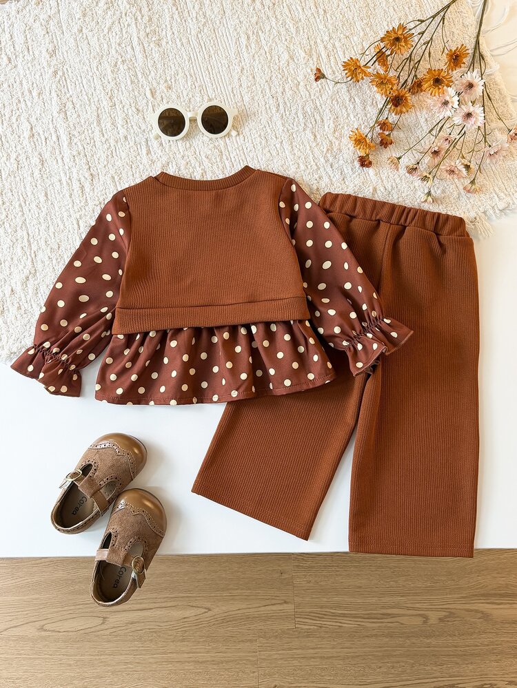 SHEIN 2pcs Baby Girls Top + Flare Trousers Sweet Elegant Brown Bow Ruffle Polka Dot Ribbed Long Sleeve Round Neck Regular Birthday Party Fall Holiday Peplum - Brown - View 2
