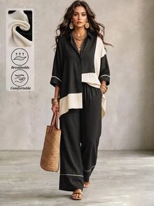 Linhara CURVE Plus Size Women's Colorblock 3/4 Sleeve Single-Breasted Shirt And Wide Leg Pants Casual 2 Pieces Set Fall - Black - View 1