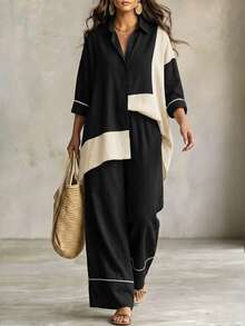 Linhara CURVE Plus Size Women's Colorblock 3/4 Sleeve Single-Breasted Shirt And Wide Leg Pants Casual 2 Pieces Set Fall - Black - View 6