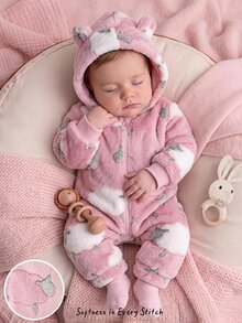 Cozy Pixies 新生兒嬰兒睡衣 粉色小羊圖案 保暖內裡 加厚絨毛連帽長袖連身衣 秋季睡衣 柔軟 - 粉色 - 查看 3