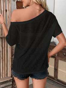 Pariaura Women's Fashion Solid Color Short Sleeve T-Shirt Top - Black - View 2