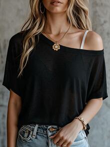 Pariaura Women's Fashion Solid Color Short Sleeve T-Shirt Top - Black - View 9