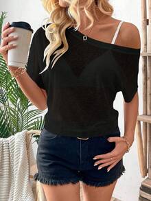 Pariaura Women's Fashion Solid Color Short Sleeve T-Shirt Top - Black - View 3