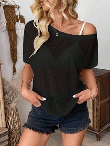 Pariaura Women's Fashion Solid Color Short Sleeve T-Shirt Top - Black - View 5