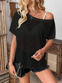 Pariaura Women's Fashion Solid Color Short Sleeve T-Shirt Top - Black - View 6