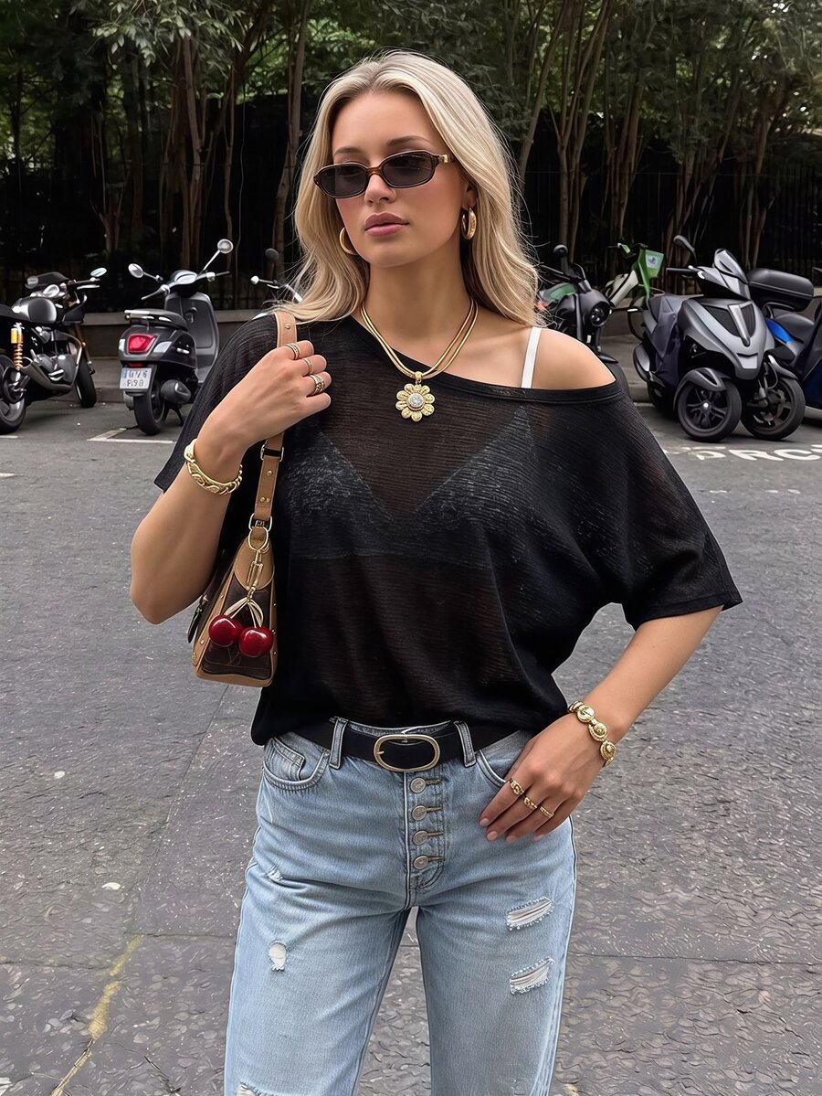 Pariaura Women's Fashion Solid Color Short Sleeve T-Shirt Top - Black - View 1