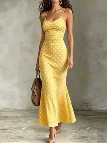 CHARMVALE Women's Polka Dot Yellow Print Fitted Spaghetti Strap Dress Vacation Summer Sexy - Yellow - View 6