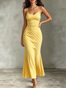 CHARMVALE Women's Polka Dot Yellow Print Fitted Spaghetti Strap Dress Vacation Summer Sexy - Yellow - View 4