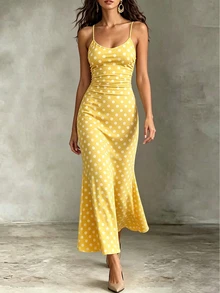 CHARMVALE Women's Polka Dot Yellow Print Fitted Spaghetti Strap Dress Vacation Summer Sexy - Yellow - View 5