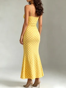 CHARMVALE Women's Polka Dot Yellow Print Fitted Spaghetti Strap Dress Vacation Summer Sexy - Yellow - View 7