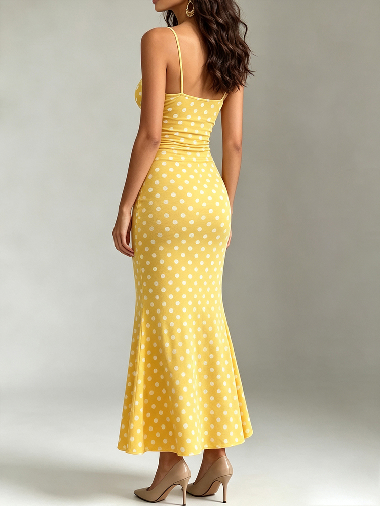 CHARMVALE Women's Polka Dot Yellow Print Fitted Spaghetti Strap Dress Vacation Summer Sexy - Yellow - View 7