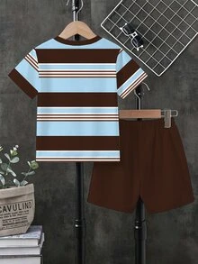 青少年男孩條紋短袖T恤與素色短褲2件式夏季套裝，馬騎圖案學院風休閒配色套裝 - 彩色 - 查看 2