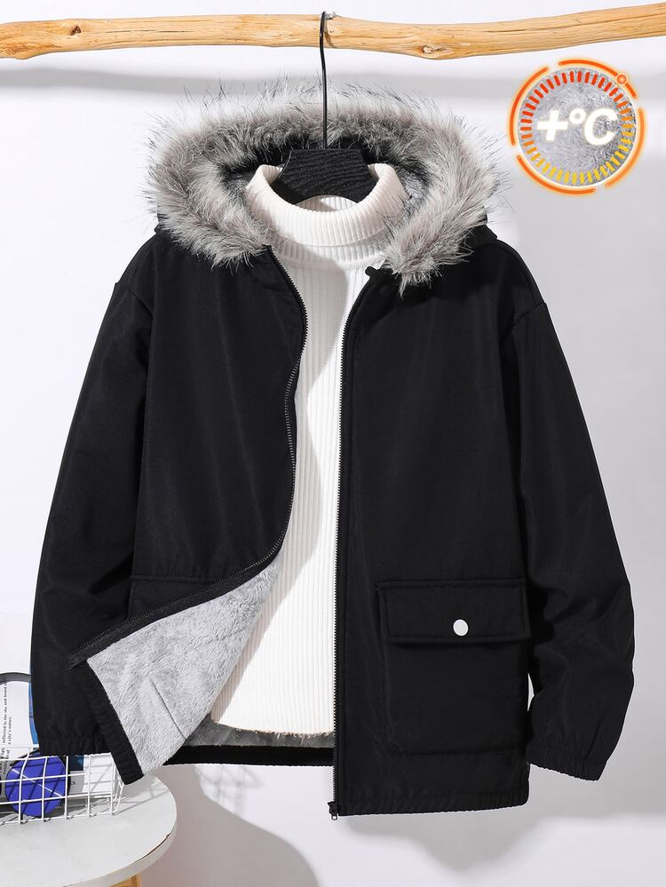 SHEIN Kids Tween Boy Casual College Style Comfortable Black Plush Long Sleeve Faux Fur Collar Hooded Padded Coat Suitable For Outings, School, Daily Gatherings, Autumn/Winter Season, Fall - Black - View 1