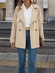Editum 女款街頭時尚休閒鈕扣口袋長袖風衣外套 米色 秋季 辦公穿搭 - 杏色 - 查看 8