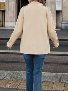 Editum 女款街頭時尚休閒鈕扣口袋長袖風衣外套 米色 秋季 辦公穿搭 - 杏色 - 查看 2