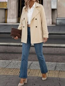 Editum 女款街頭時尚休閒鈕扣口袋長袖風衣外套 米色 秋季 辦公穿搭 - 杏色 - 查看 6