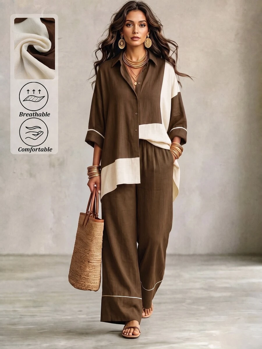 Linhara CURVE Plus Size Fall Brown White Color-Block Long-Sleeve Shirt Lapel Loose Top With High-Waist Trousers,Chic Occasion Wear For Daily Commute Vacation Home - Brown - View 1