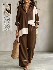 Linhara CURVE Plus Size Fall Brown White Color-Block Long-Sleeve Shirt Lapel Loose Top With High-Waist Trousers,Chic Occasion Wear For Daily Commute Vacation Home - Brown - View 3