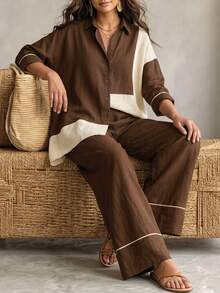 Linhara CURVE Plus Size Fall Brown White Color-Block Long-Sleeve Shirt Lapel Loose Top With High-Waist Trousers,Chic Occasion Wear For Daily Commute Vacation Home - Brown - View 8