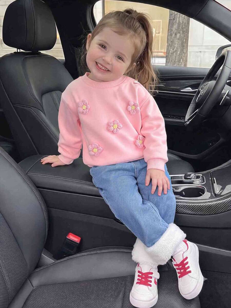 SHEIN Playful Pals 2件組幼女衛衣長褲套裝,可愛甜美粉藍色3D花朵毛絨長袖圓領加厚款,適合戶外派對冬季假期穿搭 - 粉色 - 查看 1