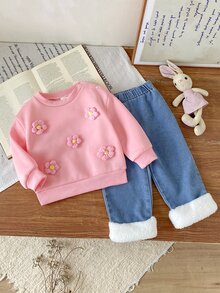 SHEIN Playful Pals 2件組幼女衛衣長褲套裝，可愛甜美粉藍色3D花朵毛絨長袖圓領加厚款，適合戶外派對冬季假期穿搭 - 粉色 - 查看 4