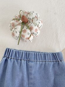 SHEIN Playful Pals 2件組幼女衛衣長褲套裝，可愛甜美粉藍色3D花朵毛絨長袖圓領加厚款，適合戶外派對冬季假期穿搭 - 粉色 - 查看 6