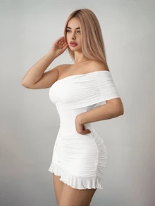 Sweetina Fitted Asymmetric Mesh Off Shoulder Mini Dress,Dresses For Women Party - White - View 5
