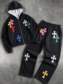 SHEIN 2件組兒童青少年男孩黑色連帽衛衣與黑色長褲，字母印花，休閒寬鬆版型，適合戶外運動與學校秋季穿著 - 黑色 - 查看 2