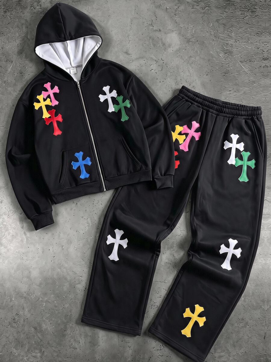 SHEIN 2件組兒童青少年男孩黑色連帽衛衣與黑色長褲，字母印花，休閒寬鬆版型，適合戶外運動與學校秋季穿著