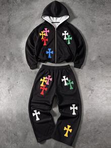 SHEIN 2件組兒童青少年男孩黑色連帽衛衣與黑色長褲，字母印花，休閒寬鬆版型，適合戶外運動與學校秋季穿著 - 黑色 - 查看 3