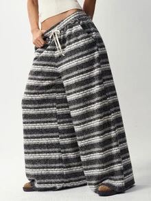 Bohemela Women's Striped Wide Leg Loose Casual Pants With Waist Tie - Grey - View 9