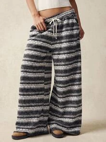 Bohemela Women's Striped Wide Leg Loose Casual Pants With Waist Tie - Grey - View 1