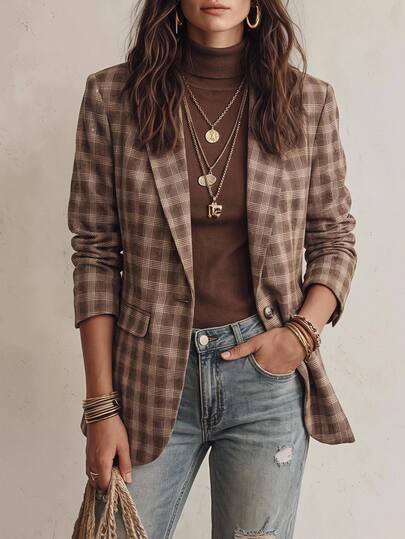 SHEIN LUNE Casual Commute Women's Blazer Jacket Long Sleeve Autumn/Winter Plaid Daily Basic Fashion Outerwear Outfit