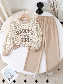 Tween Girls Leopard Print "DADDY'S Little Girl" Crew Neck Sweatshirt And Beige Wide Leg Sweatpants 2-Piece Set, Casual Autumn/Winter Sports Outfit - Multicolor - View 1