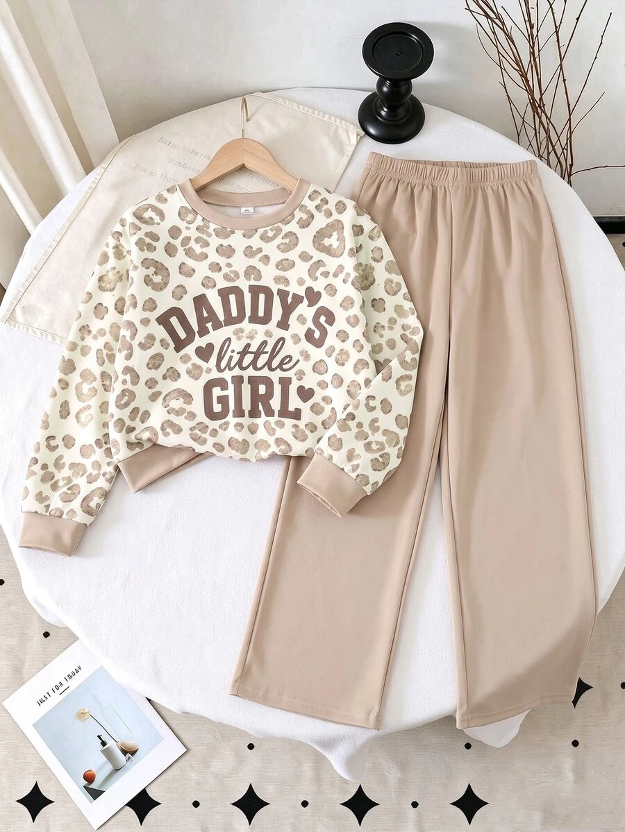 Tween Girls Leopard Print "DADDY'S Little Girl" Crew Neck Sweatshirt And Beige Wide Leg Sweatpants 2-Piece Set, Casual Autumn/Winter Sports Outfit - Multicolor - View 1