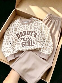 Tween Girls Leopard Print "DADDY'S Little Girl" Crew Neck Sweatshirt And Beige Wide Leg Sweatpants 2-Piece Set, Casual Autumn/Winter Sports Outfit - Multicolor - View 4
